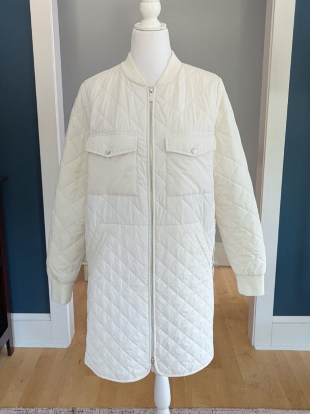 Zella Skyline Quilted Lightweight Longline Coat Size M Ivory - Picture 3 of 15